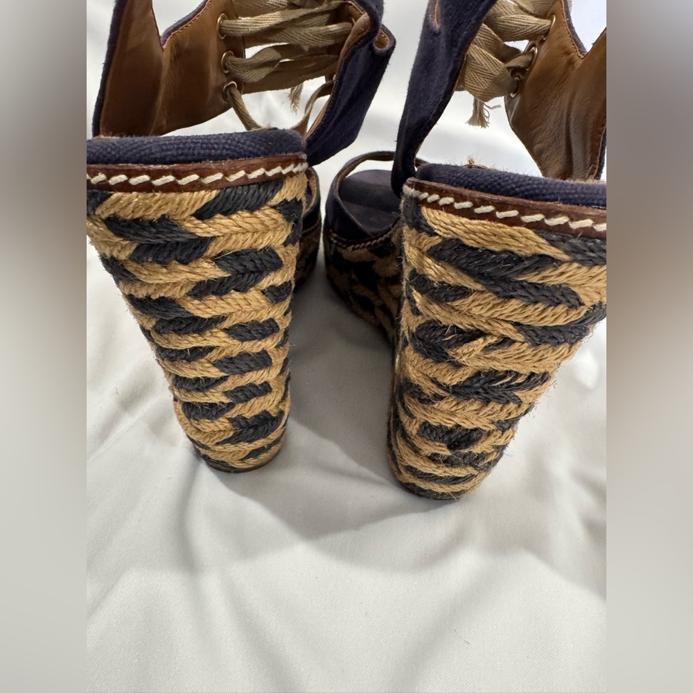 Tory Burch Navy and Tan Espadrille Wedges - Picture 3 of 8